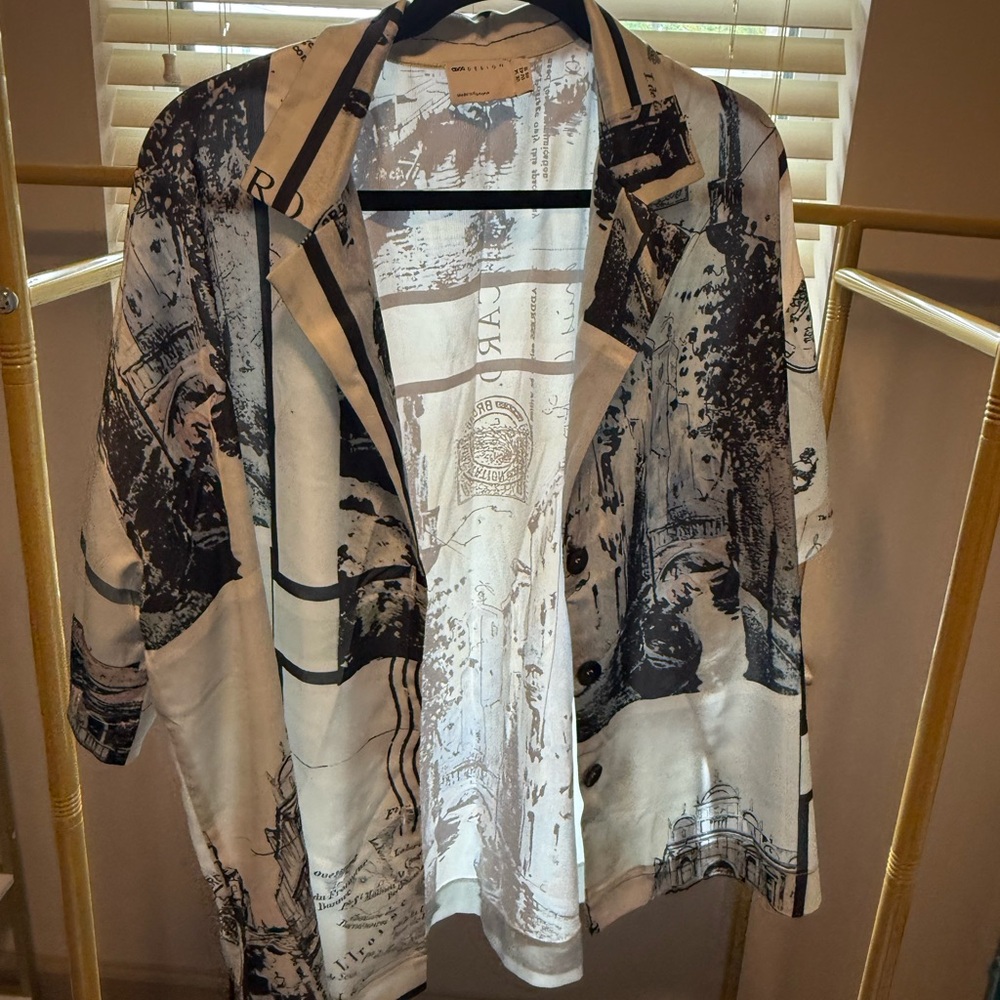 ASOS Beige and Black Button-Down Graphic Shirt